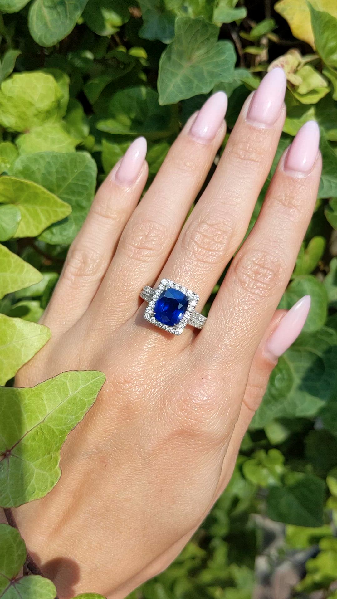 4.17 Ct. Blue Sapphire and Natural Diamond Pave Ring, 18K White Gold Size Video