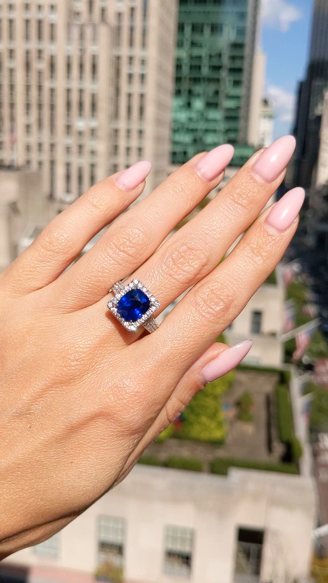 4.17 Ct. Blue Sapphire and Natural Diamond Pave Ring, 18K White Gold Size Video