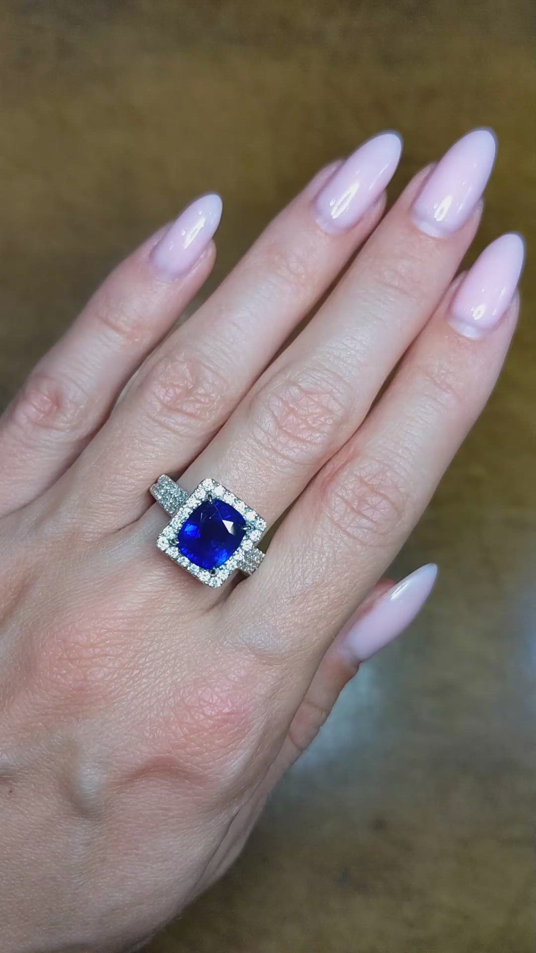 4.17 Ct. Blue Sapphire and Natural Diamond Pave Ring, 18K White Gold Size Video