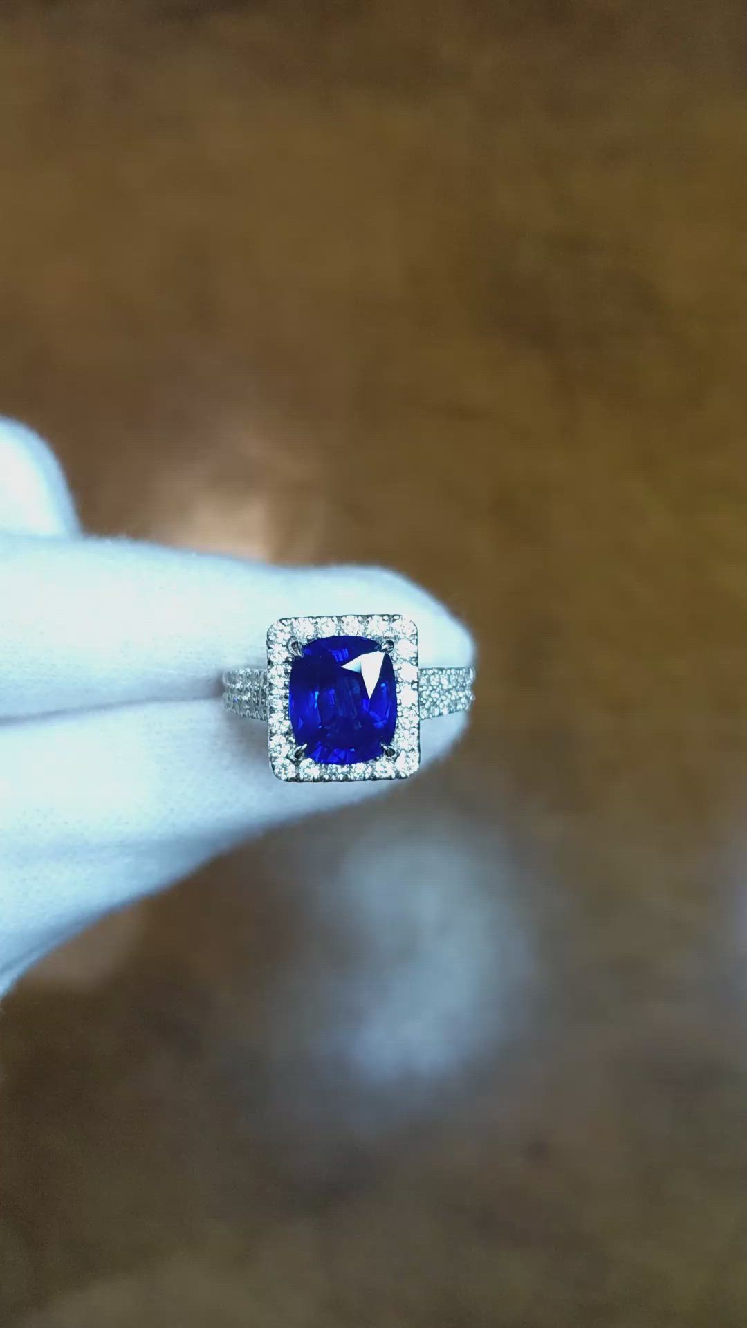 4.17 Ct. Blue Sapphire and Natural Diamond Pave Ring, 18K White Gold Size Video