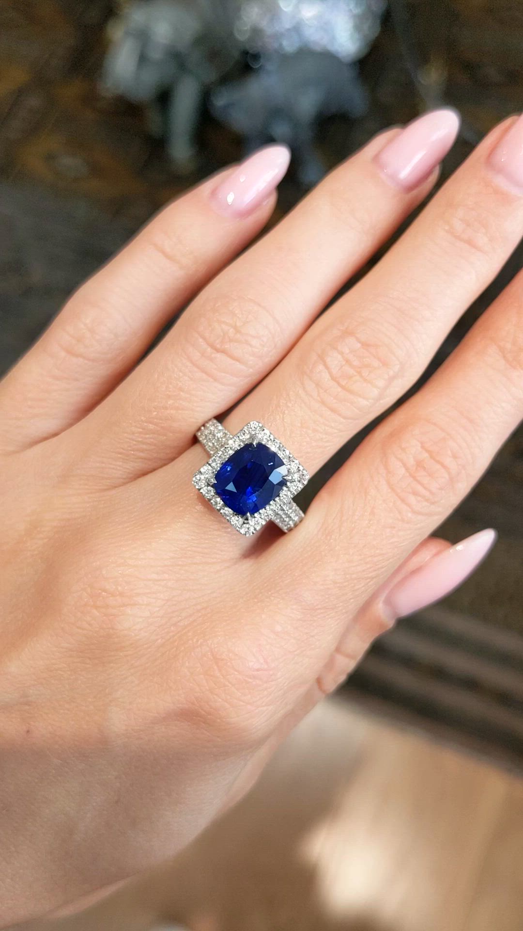 4.17 Ct. Blue Sapphire and Natural Diamond Pave Ring, 18K White Gold Size Video