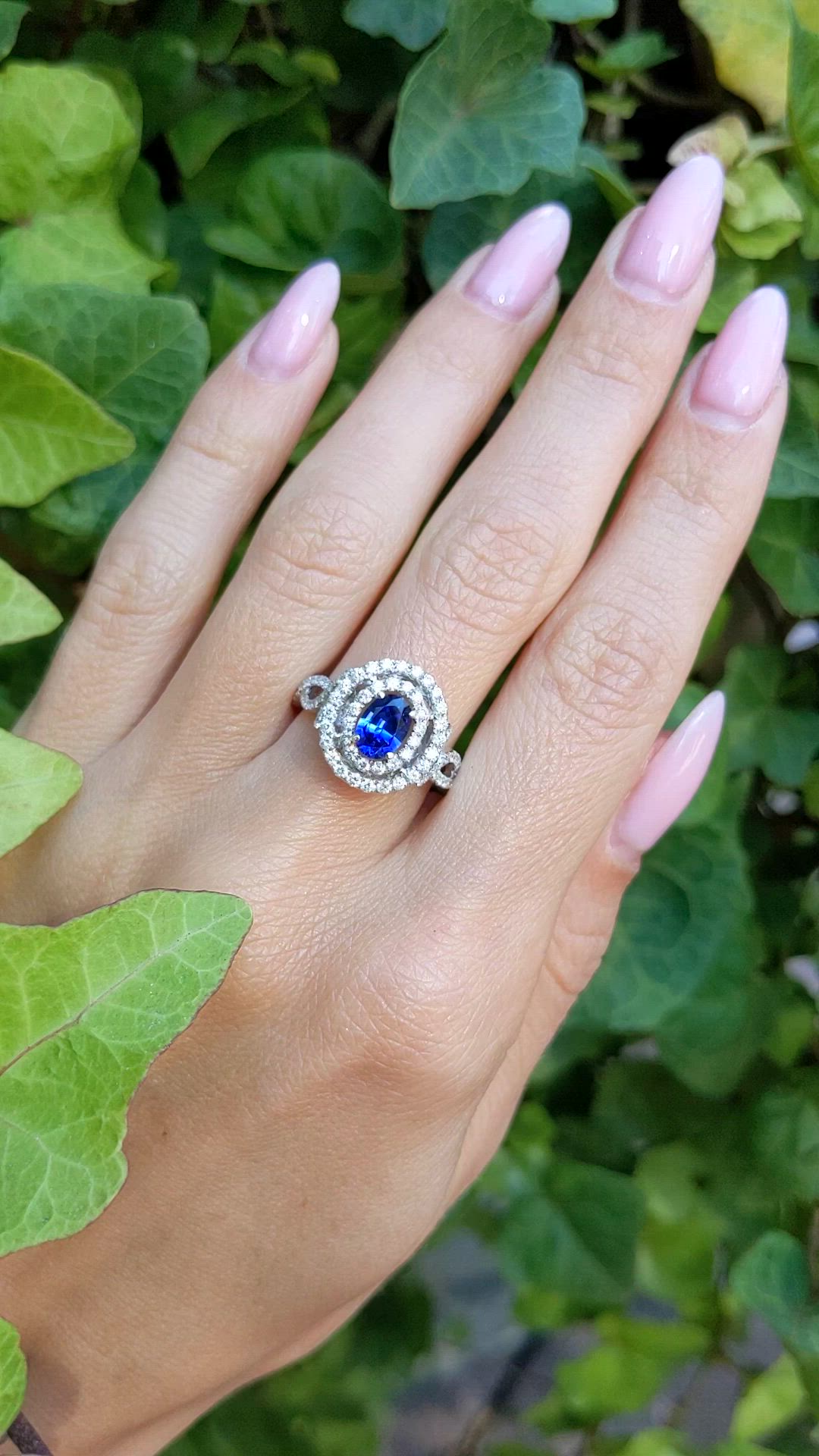 0.80 Ct. Blue Sapphire and Natural Diamond Pave Ring, 18K White Gold Size Video