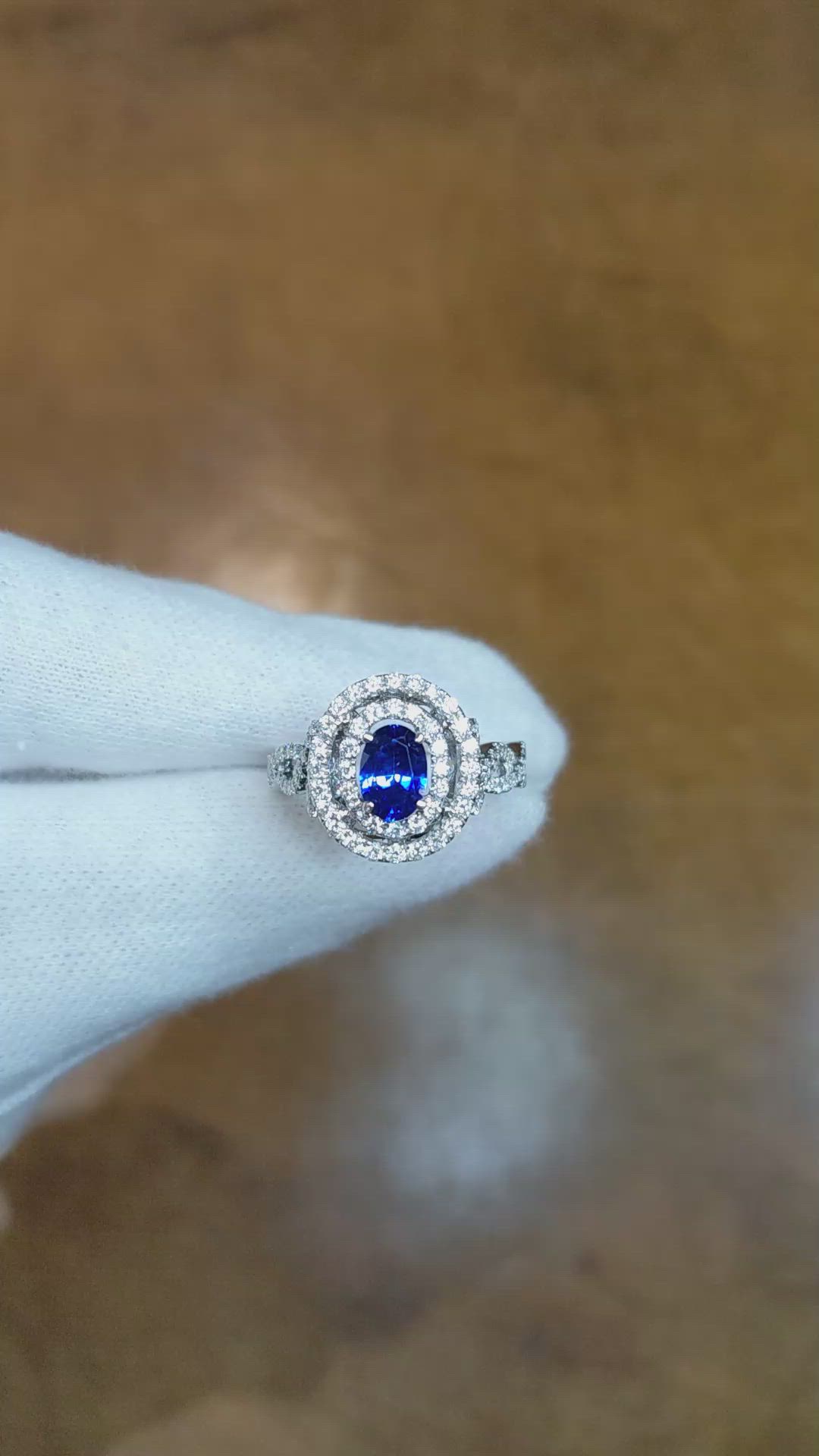0.80 Ct. Blue Sapphire and Natural Diamond Pave Ring, 18K White Gold Size Video