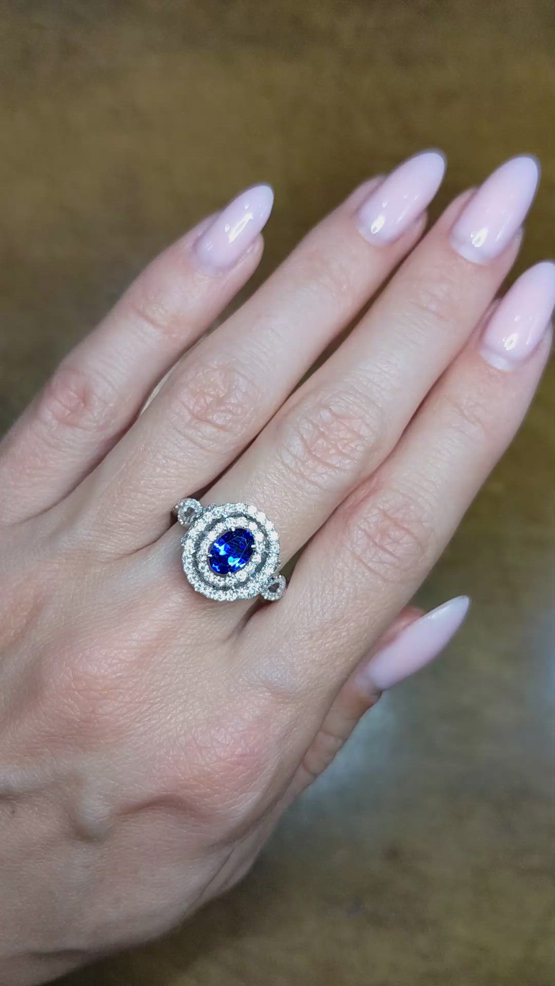 0.80 Ct. Blue Sapphire and Natural Diamond Pave Ring, 18K White Gold Size Video