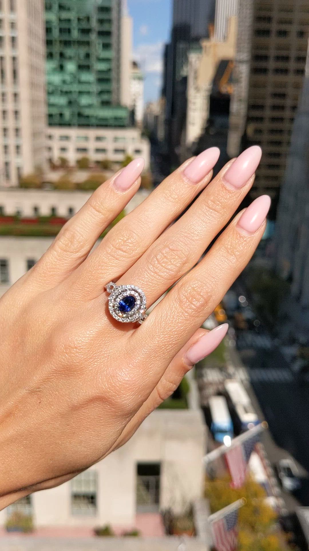 0.80 Ct. Blue Sapphire and Natural Diamond Pave Ring, 18K White Gold Size Video