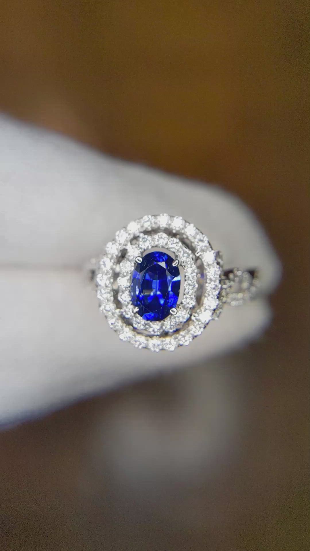 0.80 Ct. Blue Sapphire and Natural Diamond Pave Ring, 18K White Gold Size Video