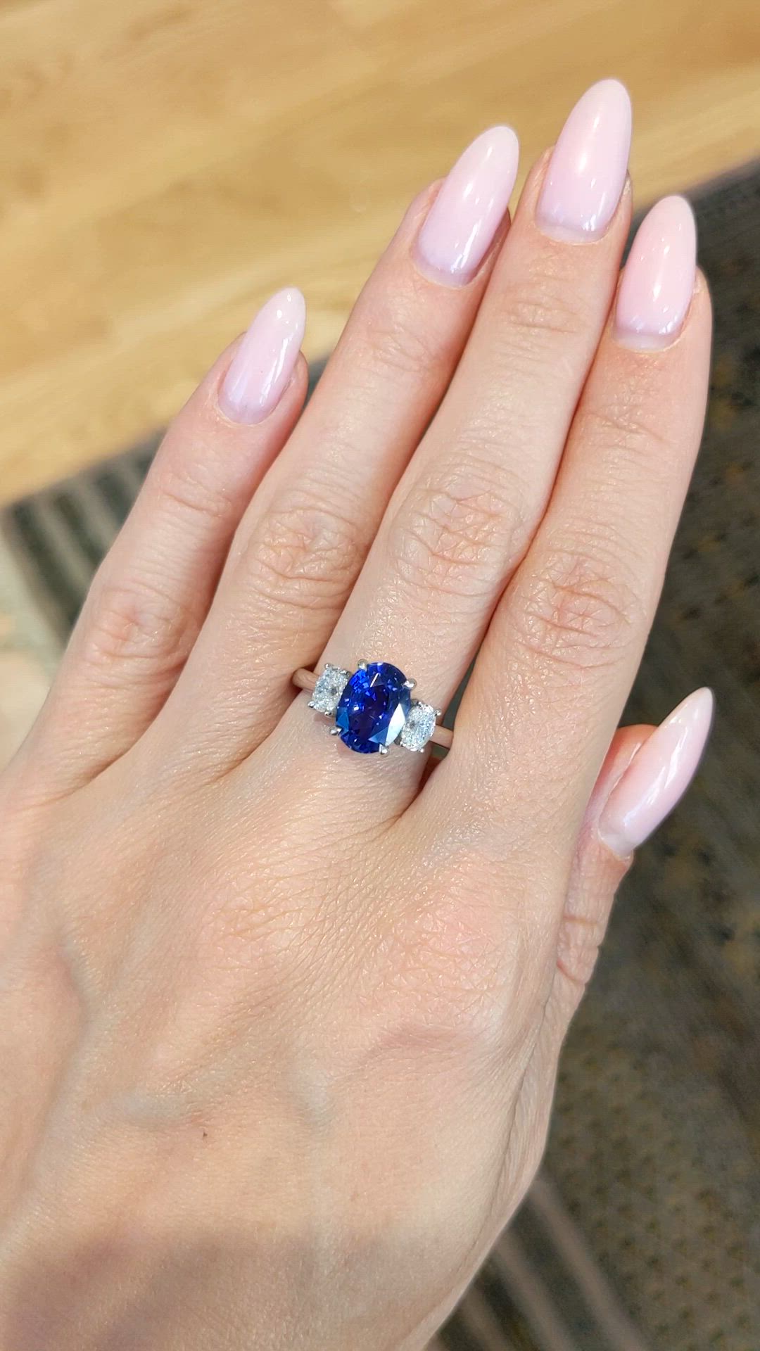 3.04 Ct. Blue Sapphire and Natural Diamond Three Stone Ring, Platinum 950 Size Video