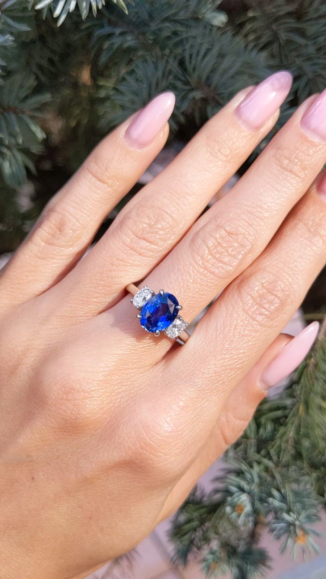 3.04 Ct. Blue Sapphire and Natural Diamond Three Stone Ring, Platinum 950 Size Video