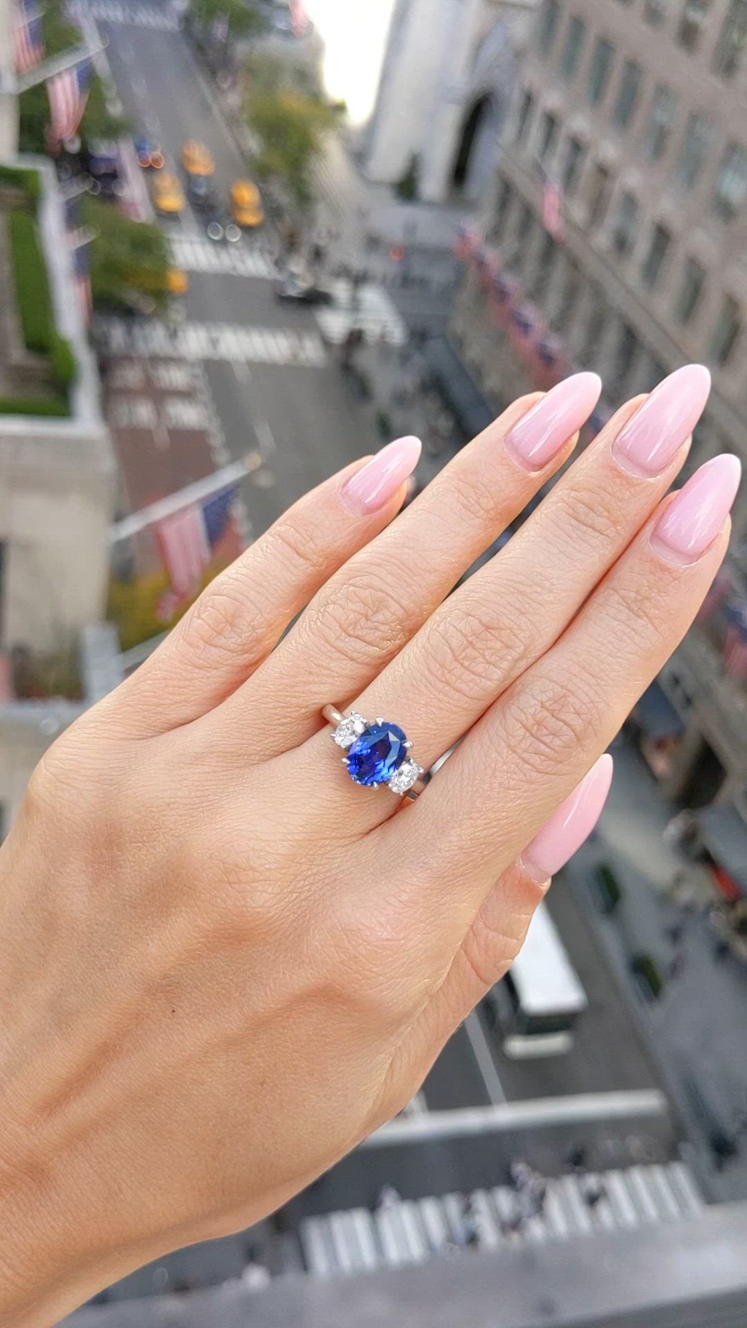 3.04 Ct. Blue Sapphire and Natural Diamond Three Stone Ring, Platinum 950 Size Video