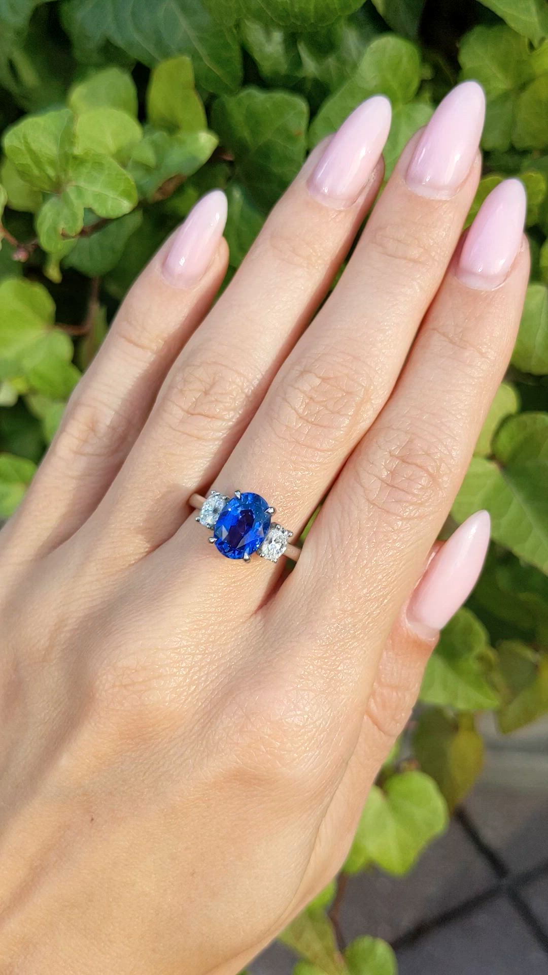 3.04 Ct. Blue Sapphire and Natural Diamond Three Stone Ring, Platinum 950 Size Video