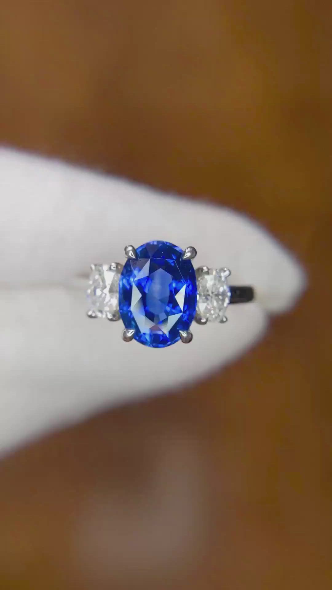 3.04 Ct. Blue Sapphire and Natural Diamond Three Stone Ring, Platinum 950 Size Video