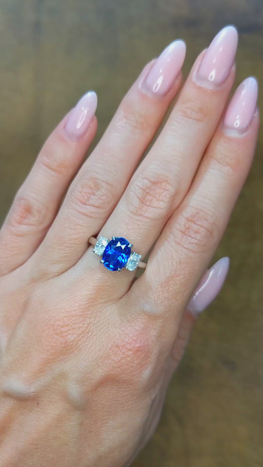 3.04 Ct. Blue Sapphire and Natural Diamond Three Stone Ring, Platinum 950 Size Video