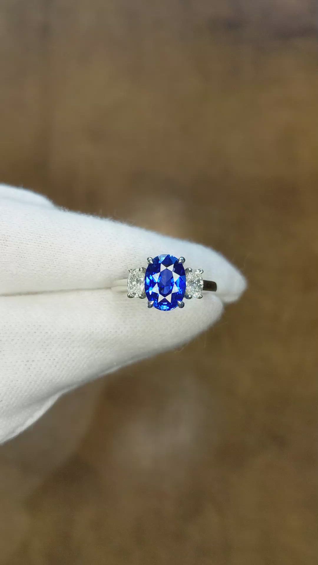 3.04 Ct. Blue Sapphire and Natural Diamond Three Stone Ring, Platinum 950 Size Video