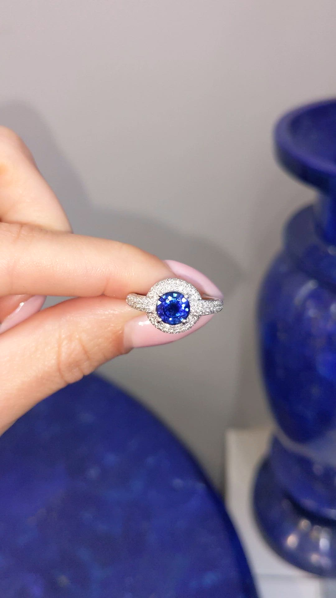 1.37 Ct. Blue Sapphire and Natural Diamond Pave Ring, 18K White Gold Size Video
