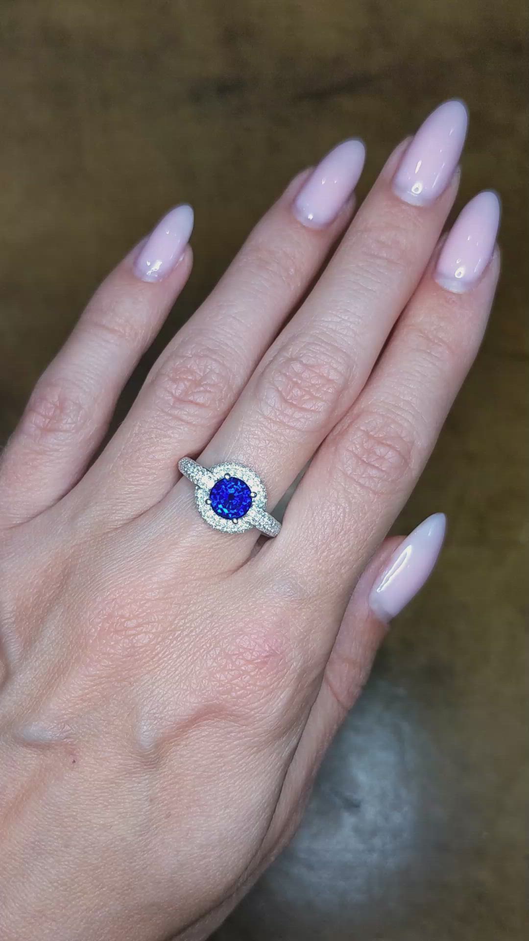 1.37 Ct. Blue Sapphire and Natural Diamond Pave Ring, 18K White Gold Size Video