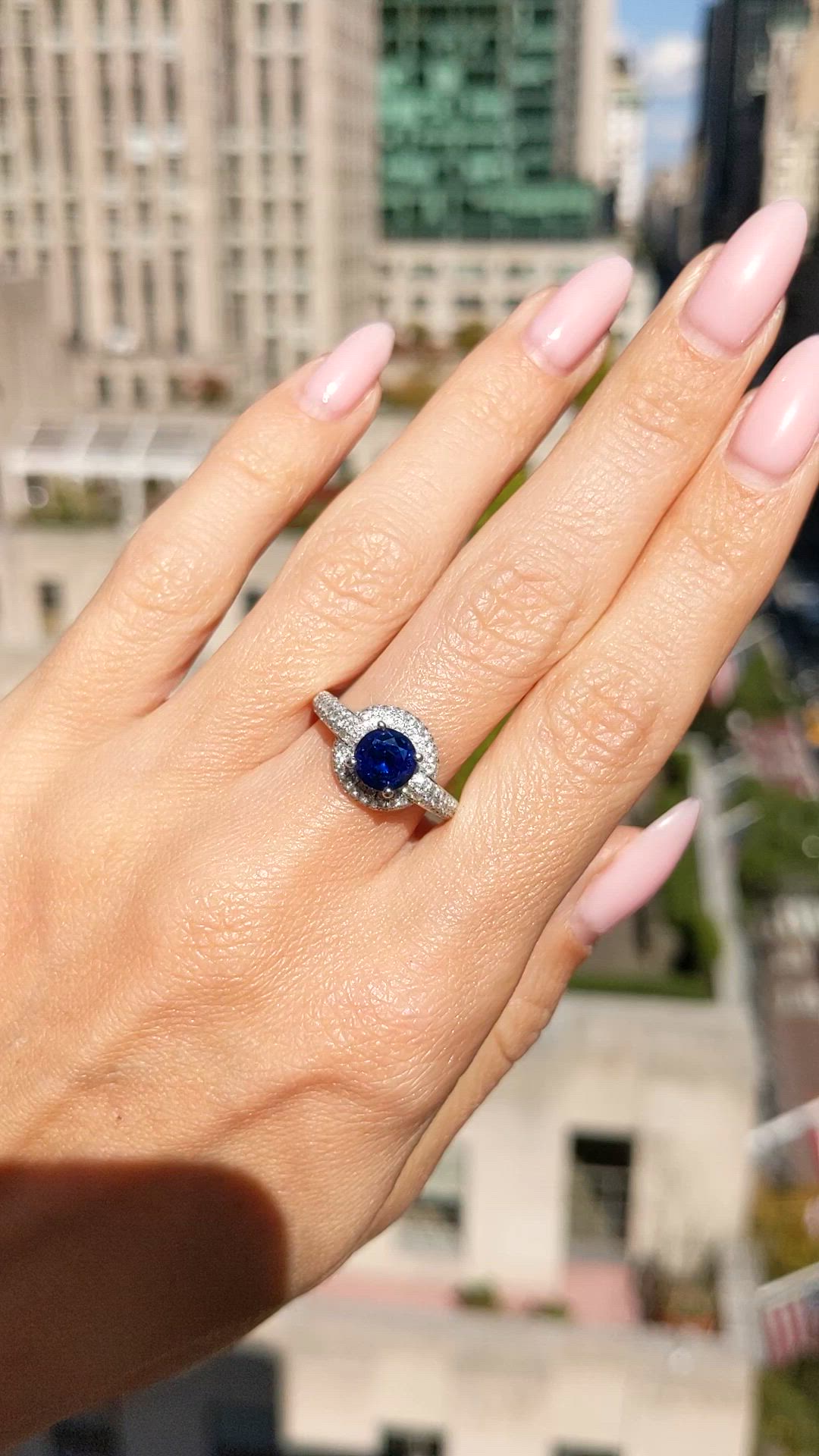 1.37 Ct. Blue Sapphire and Natural Diamond Pave Ring, 18K White Gold Size Video