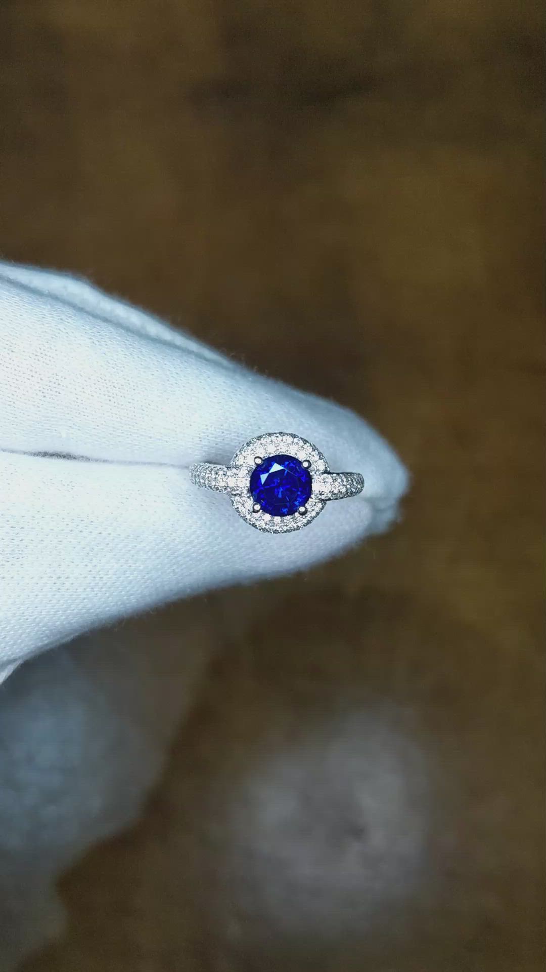 1.37 Ct. Blue Sapphire and Natural Diamond Pave Ring, 18K White Gold Size Video