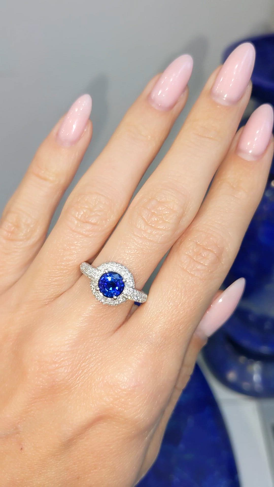 1.37 Ct. Blue Sapphire and Natural Diamond Pave Ring, 18K White Gold Size Video