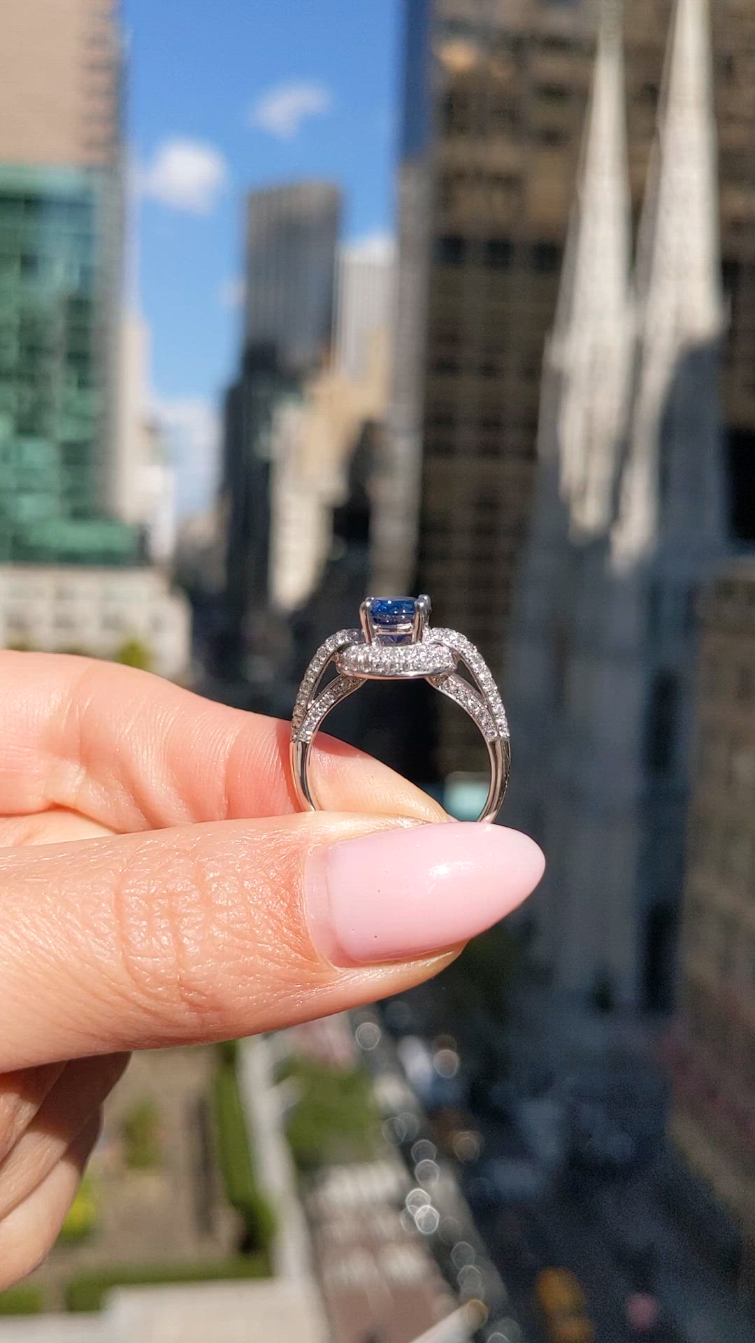 1.37 Ct. Blue Sapphire and Natural Diamond Pave Ring, 18K White Gold Size Video