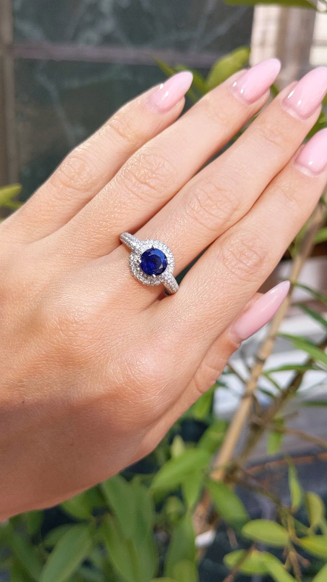 1.37 Ct. Blue Sapphire and Natural Diamond Pave Ring, 18K White Gold Size Video
