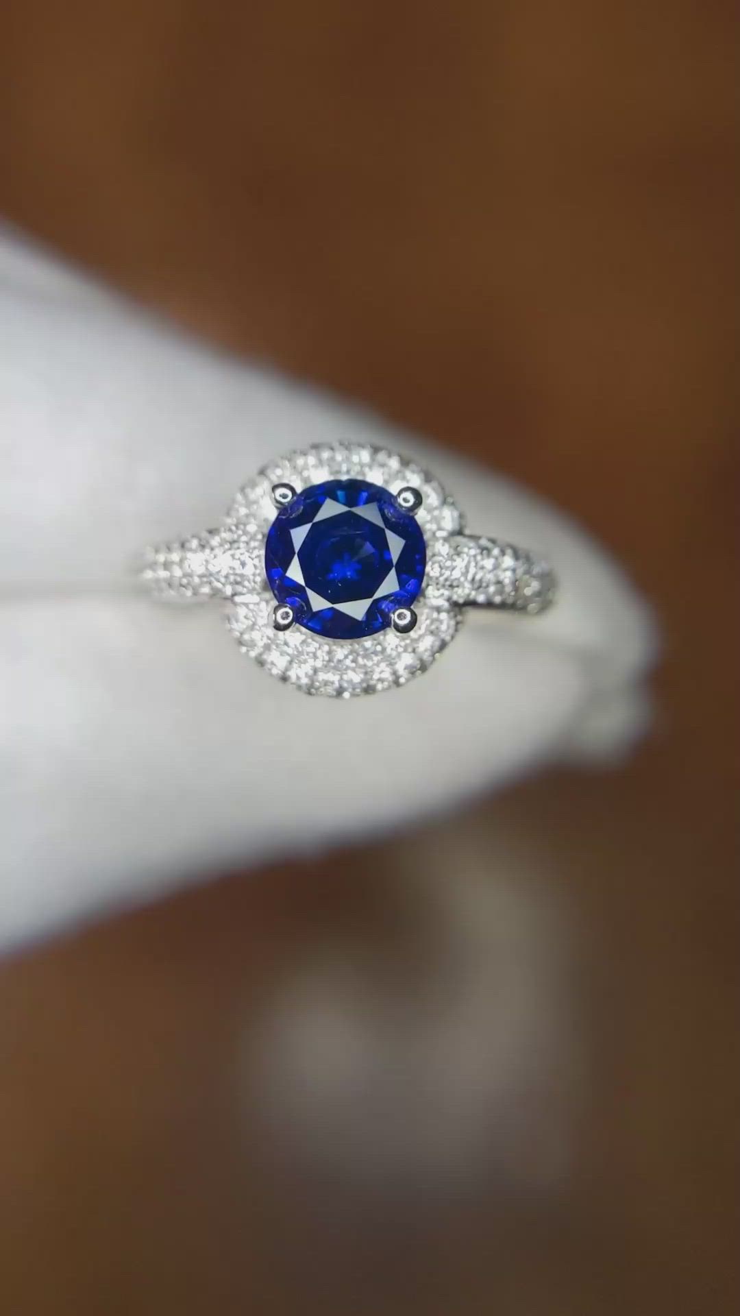 1.37 Ct. Blue Sapphire and Natural Diamond Pave Ring, 18K White Gold Size Video