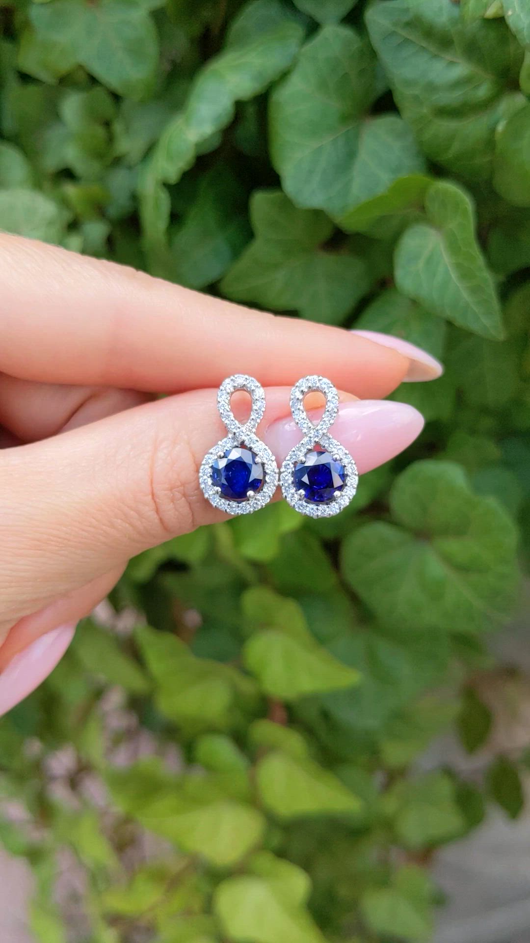 2.36 Ct.Tw. Blue Sapphire and Natural Diamond Pave Earrings, 18K White Gold Size Video