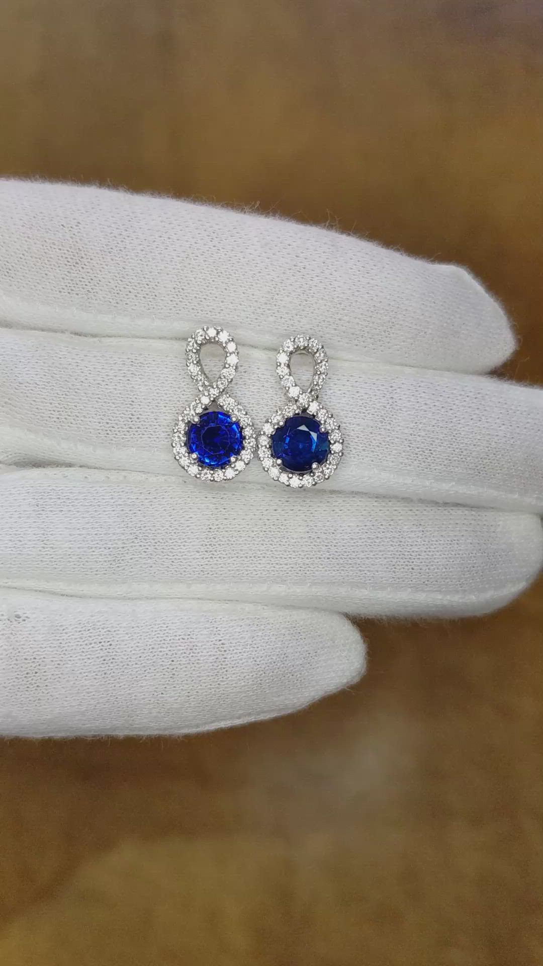 2.36 Ct.Tw. Blue Sapphire and Natural Diamond Pave Earrings, 18K White Gold Size Video