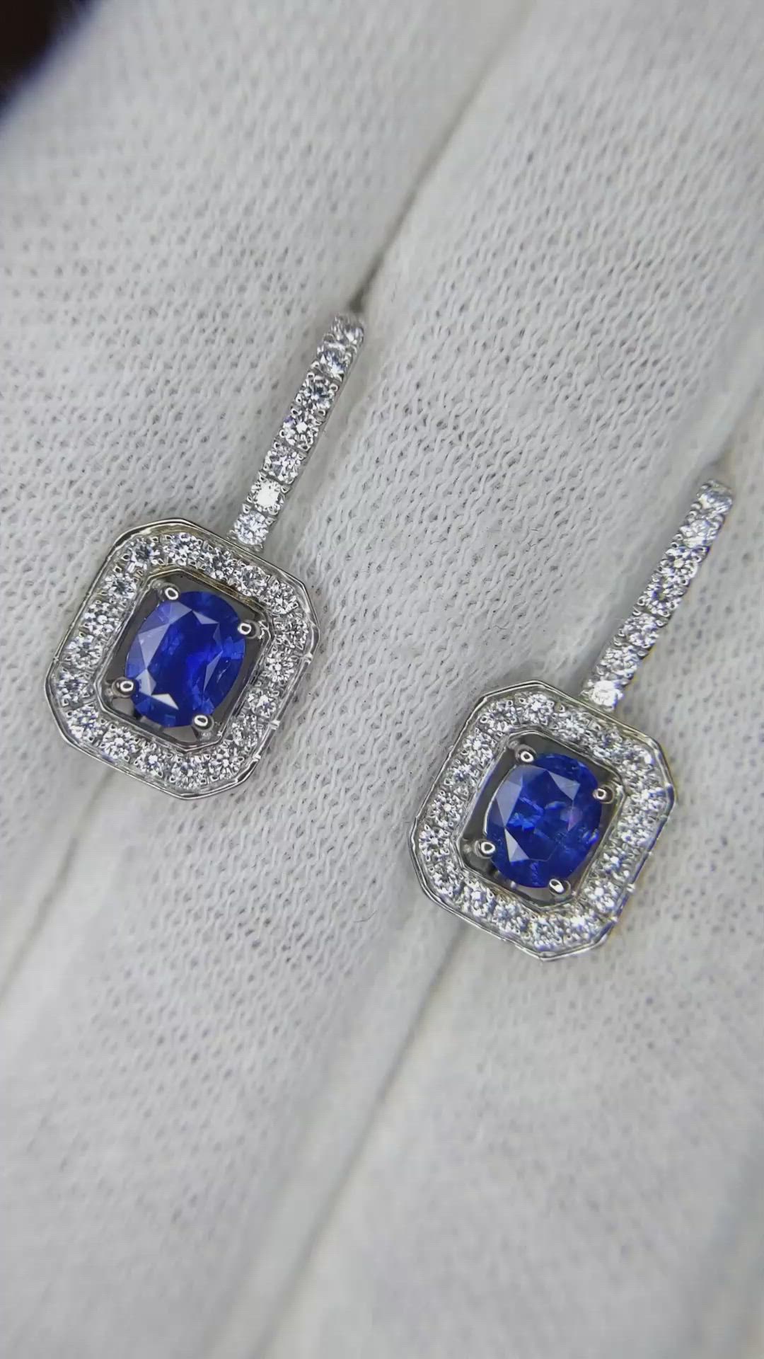 0.72 Ct.Tw. Blue Sapphire and Natural Diamond Pave Earrings, 18K White Gold Size Video