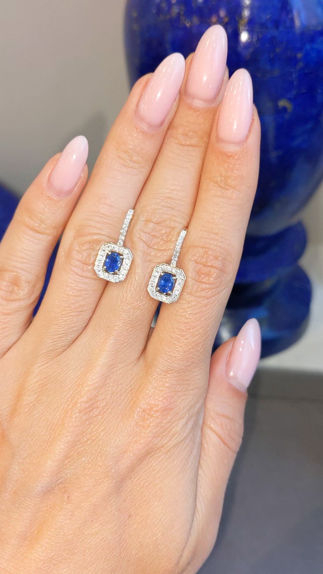 0.72 Ct.Tw. Blue Sapphire and Natural Diamond Pave Earrings, 18K White Gold Size Video