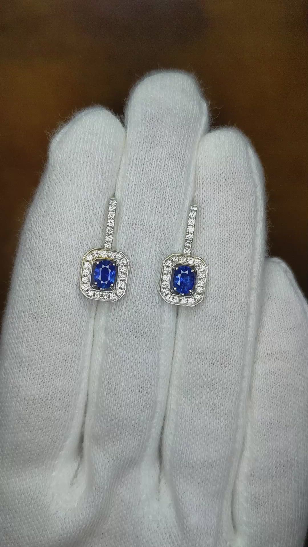 0.72 Ct.Tw. Blue Sapphire and Natural Diamond Pave Earrings, 18K White Gold Size Video