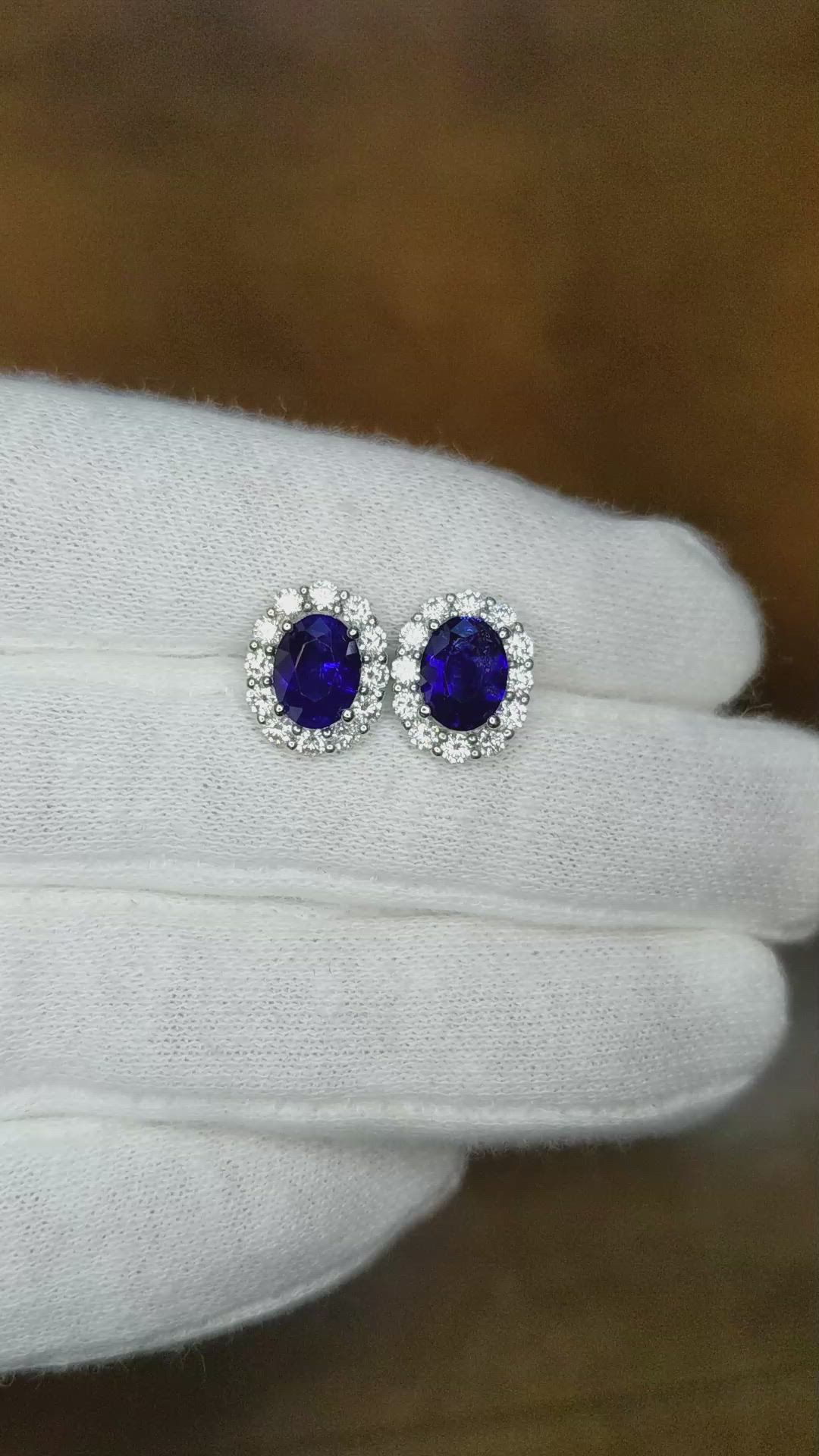3.15 Ct.Tw. Blue Sapphire and Natural Diamond Studs Earrings, 18K White Gold Size Video