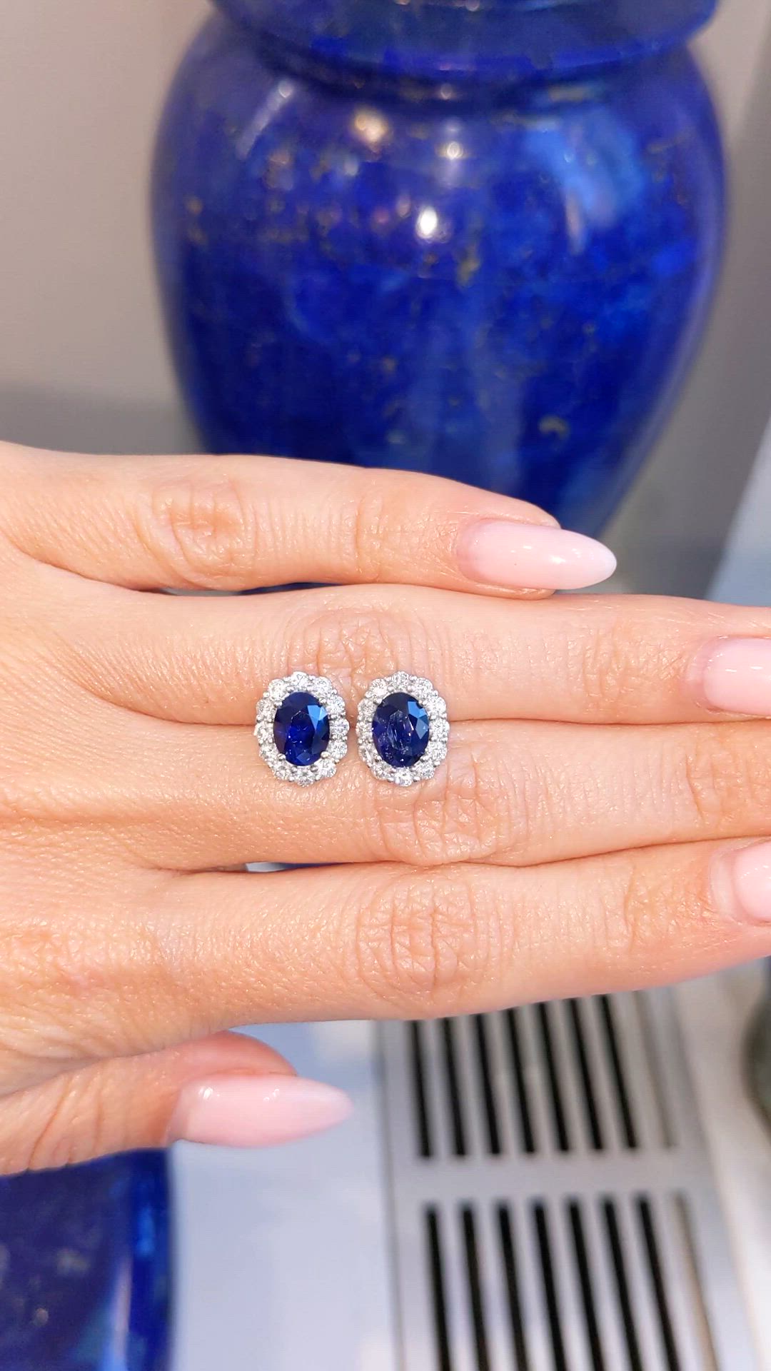 3.15 Ct.Tw. Blue Sapphire and Natural Diamond Studs Earrings, 18K White Gold Size Video