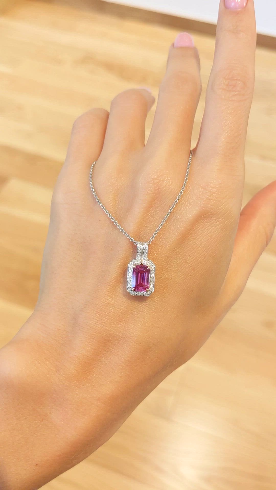 1.91 Ct. Pink Sapphire and Natural Diamond Pave Pendant, 18K White Gold Size Video