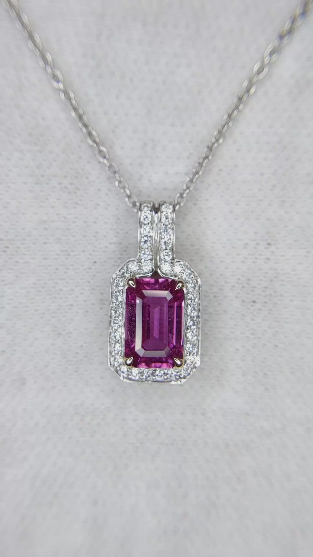 1.91 Ct. Pink Sapphire and Natural Diamond Pave Pendant, 18K White Gold Size Video