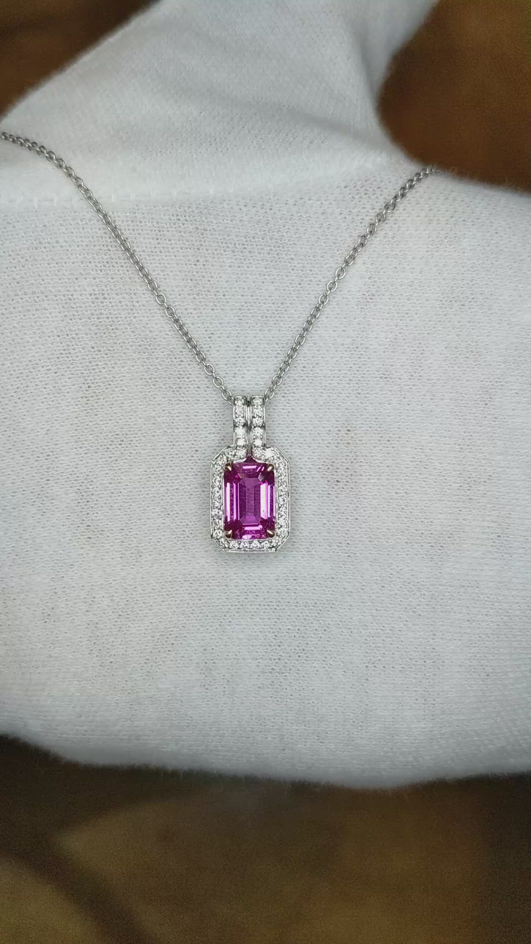 1.91 Ct. Pink Sapphire and Natural Diamond Pave Pendant, 18K White Gold Size Video