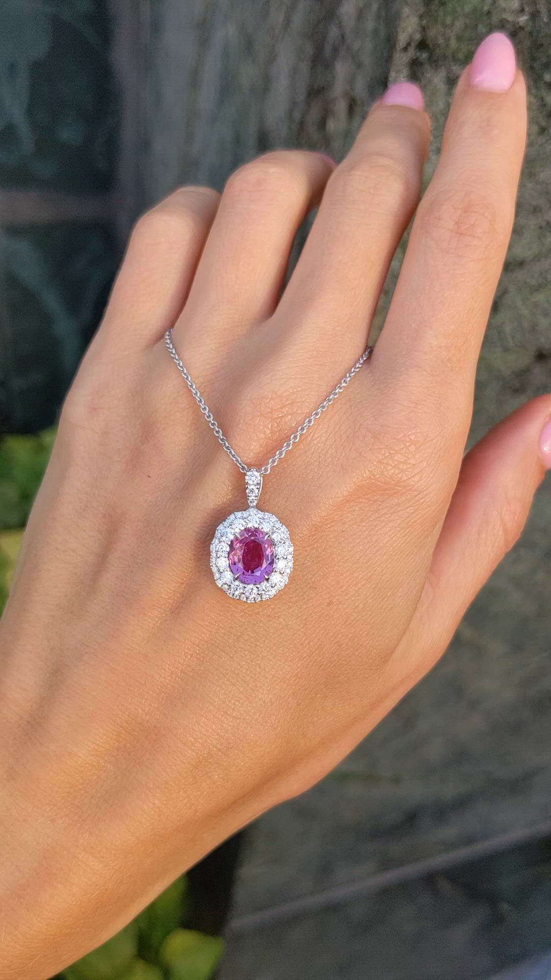 2.22 Ct. Pink Sapphire and Natural Diamond Pave Pendant, 18K White Gold Size Video