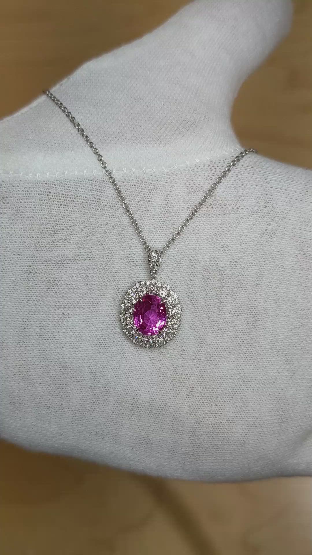 2.22 Ct. Pink Sapphire and Natural Diamond Pave Pendant, 18K White Gold Size Video