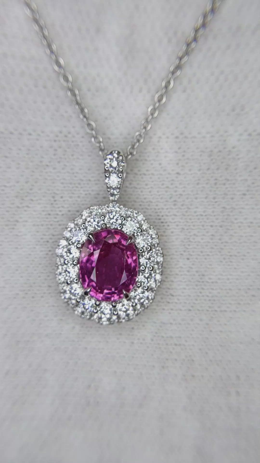 2.22 Ct. Pink Sapphire and Natural Diamond Pave Pendant, 18K White Gold Size Video