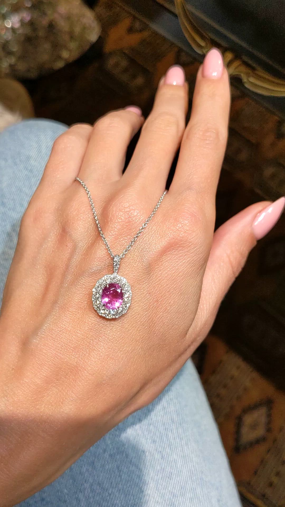 2.22 Ct. Pink Sapphire and Natural Diamond Pave Pendant, 18K White Gold Size Video