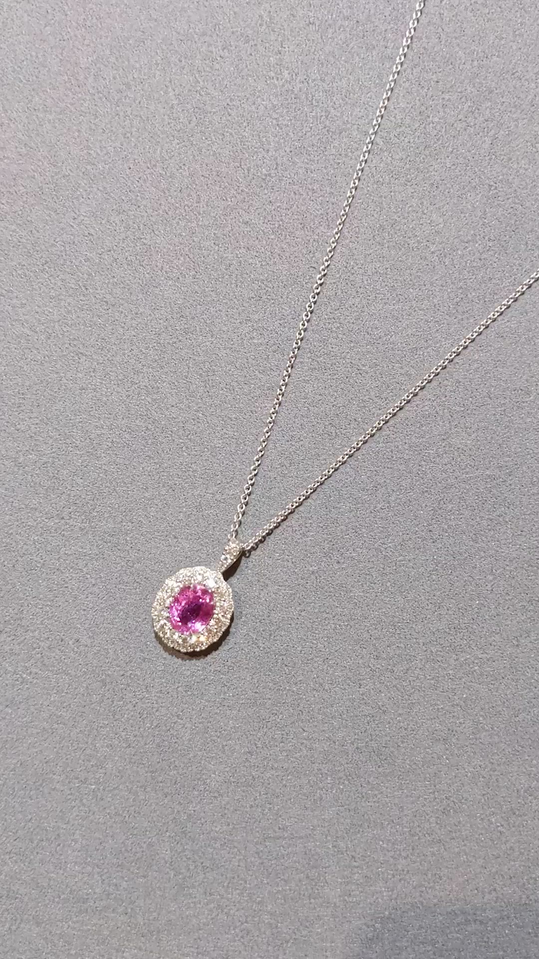 2.22 Ct. Pink Sapphire and Natural Diamond Pave Pendant, 18K White Gold Size Video