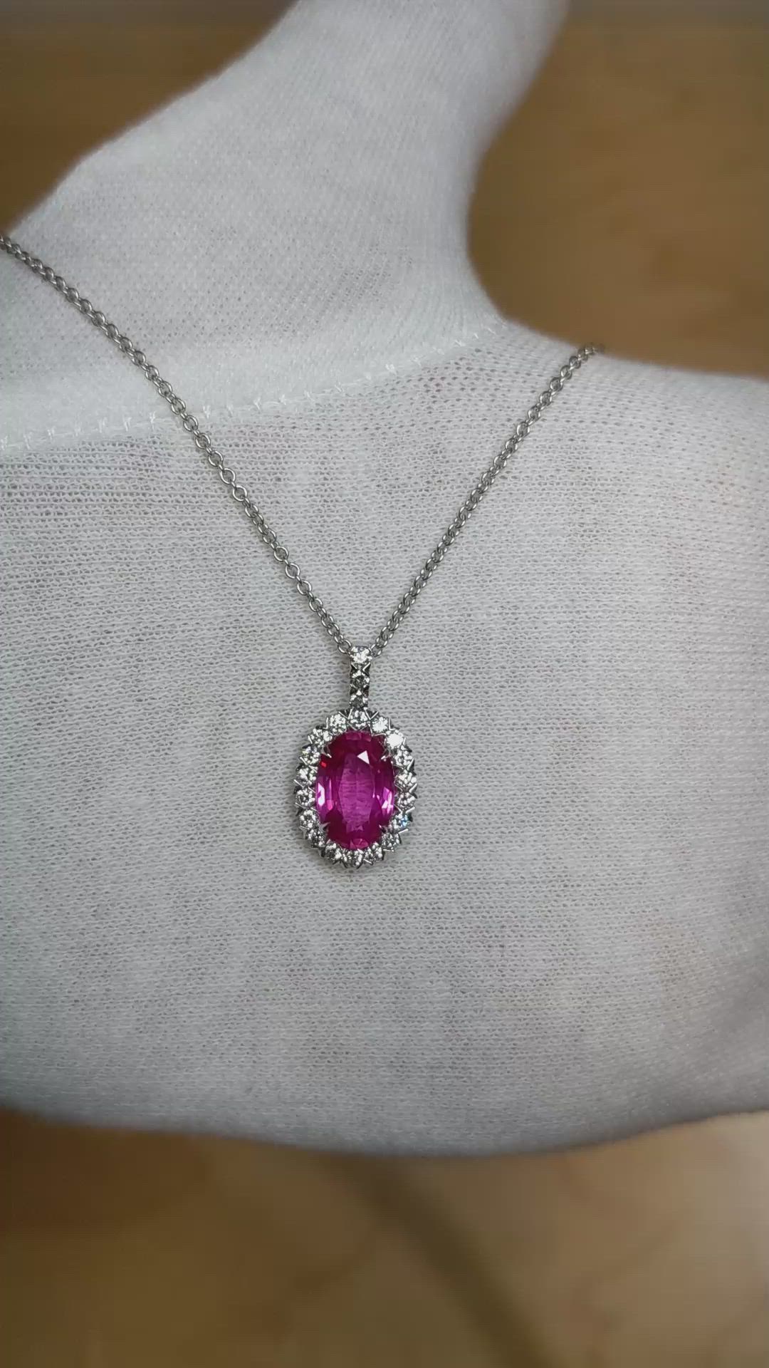 2.46 Ct. Pink Sapphire and Natural Diamond Pave Pendant, 18K White Gold Size Video