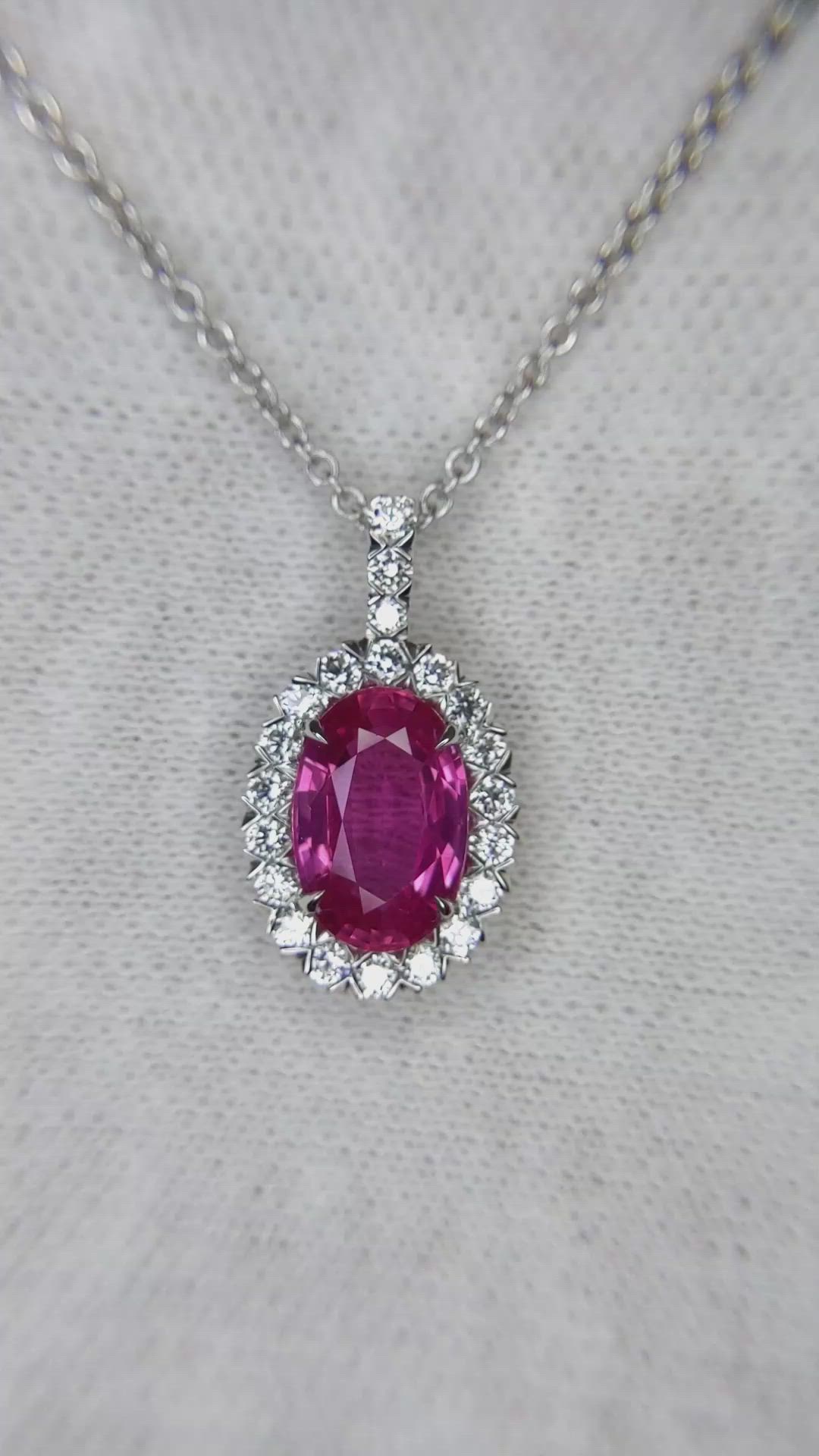 2.46 Ct. Pink Sapphire and Natural Diamond Pave Pendant, 18K White Gold Size Video