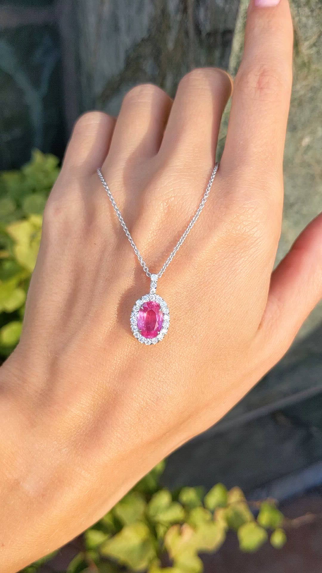 2.46 Ct. Pink Sapphire and Natural Diamond Pave Pendant, 18K White Gold Size Video