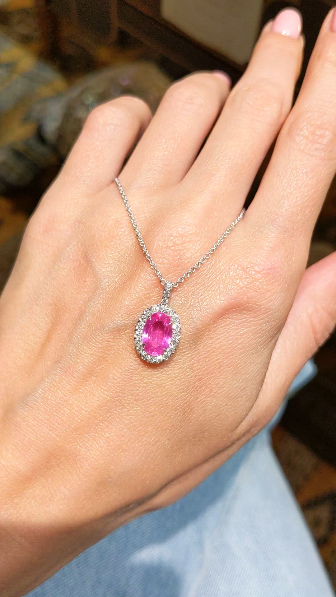 2.46 Ct. Pink Sapphire and Natural Diamond Pave Pendant, 18K White Gold Size Video