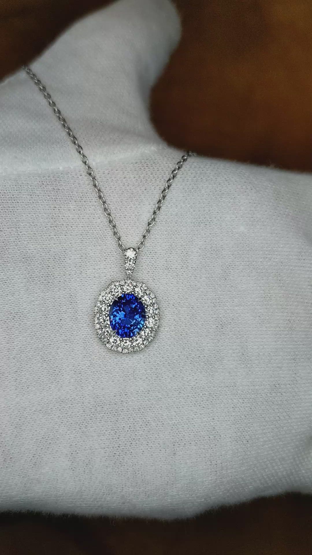 2.74 Ct. Blue Sapphire and Natural Diamond Pave Pendant, 18K White Gold Size Video
