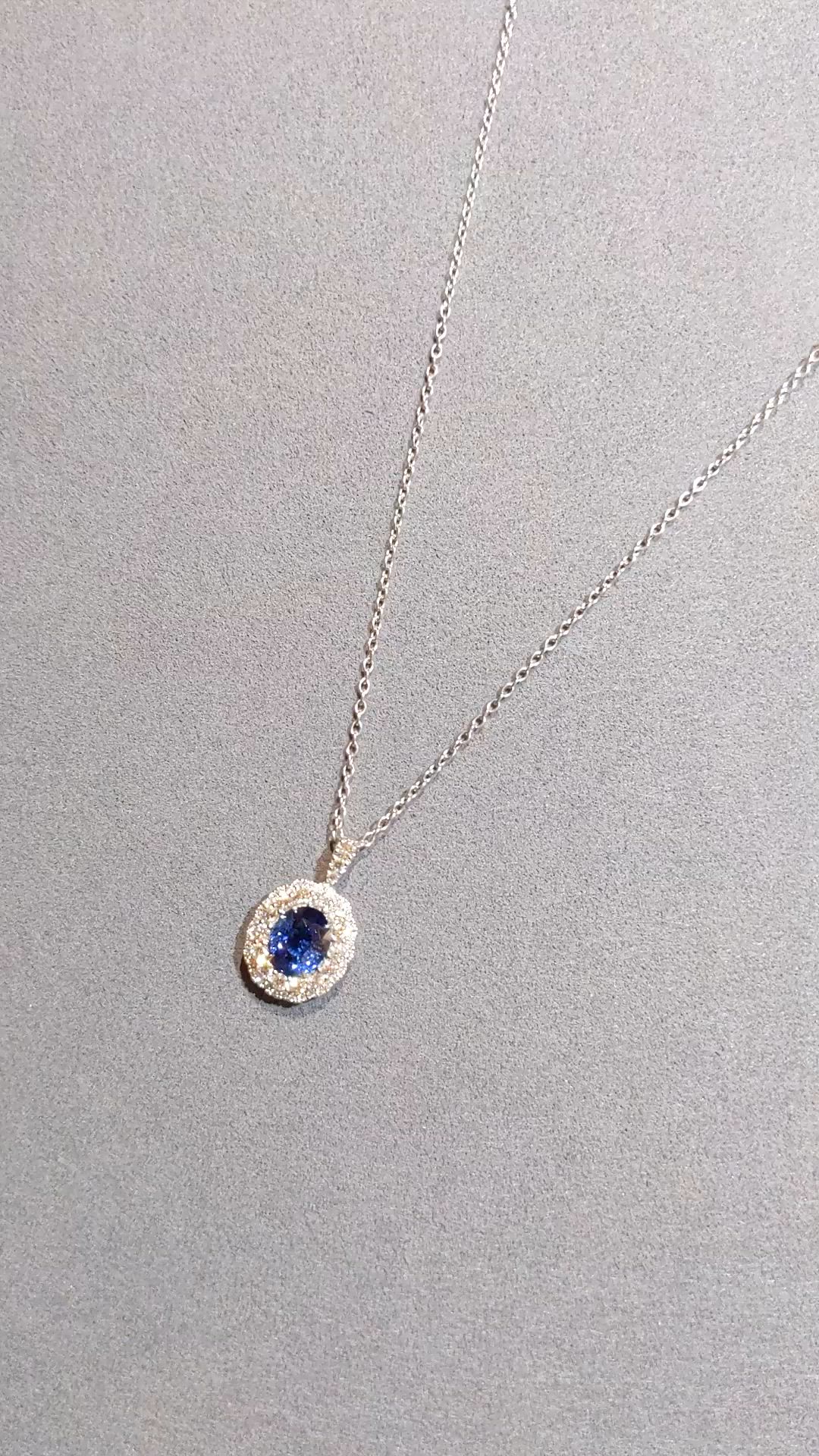2.74 Ct. Blue Sapphire and Natural Diamond Pave Pendant, 18K White Gold Size Video