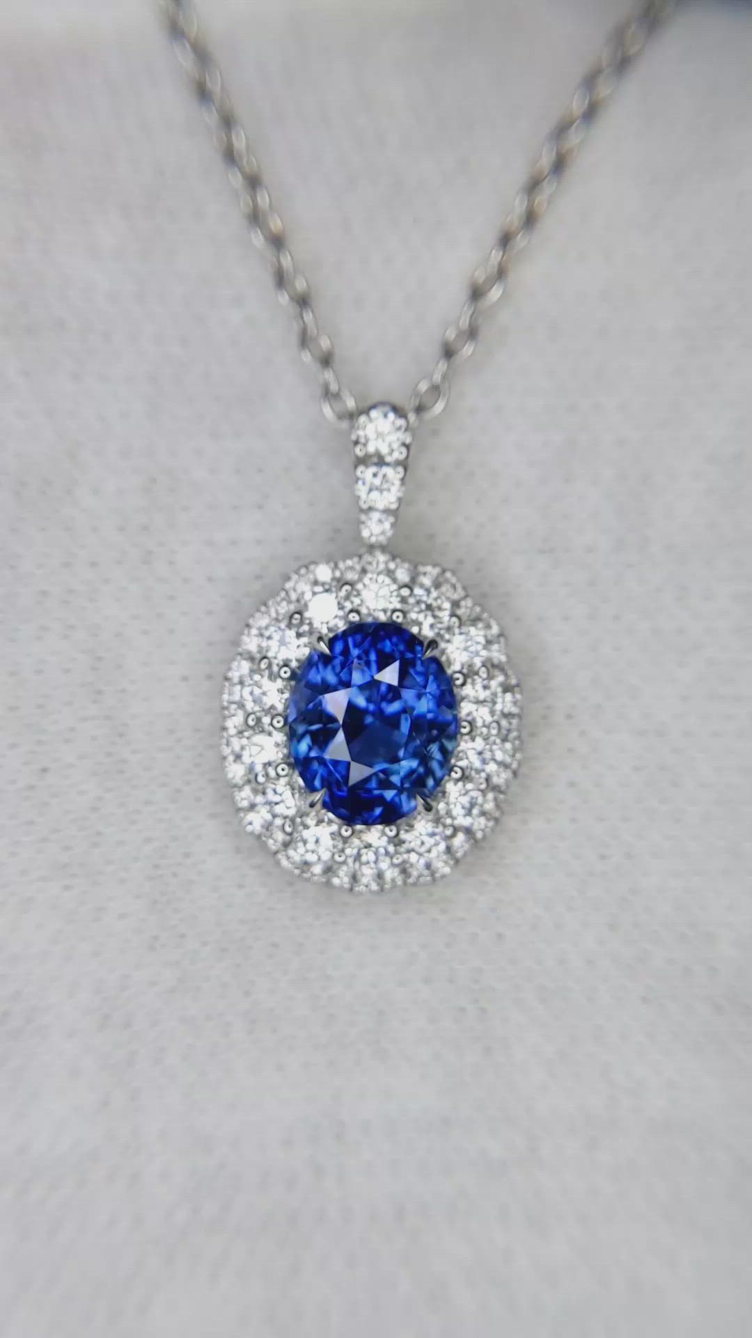 2.74 Ct. Blue Sapphire and Natural Diamond Pave Pendant, 18K White Gold Size Video