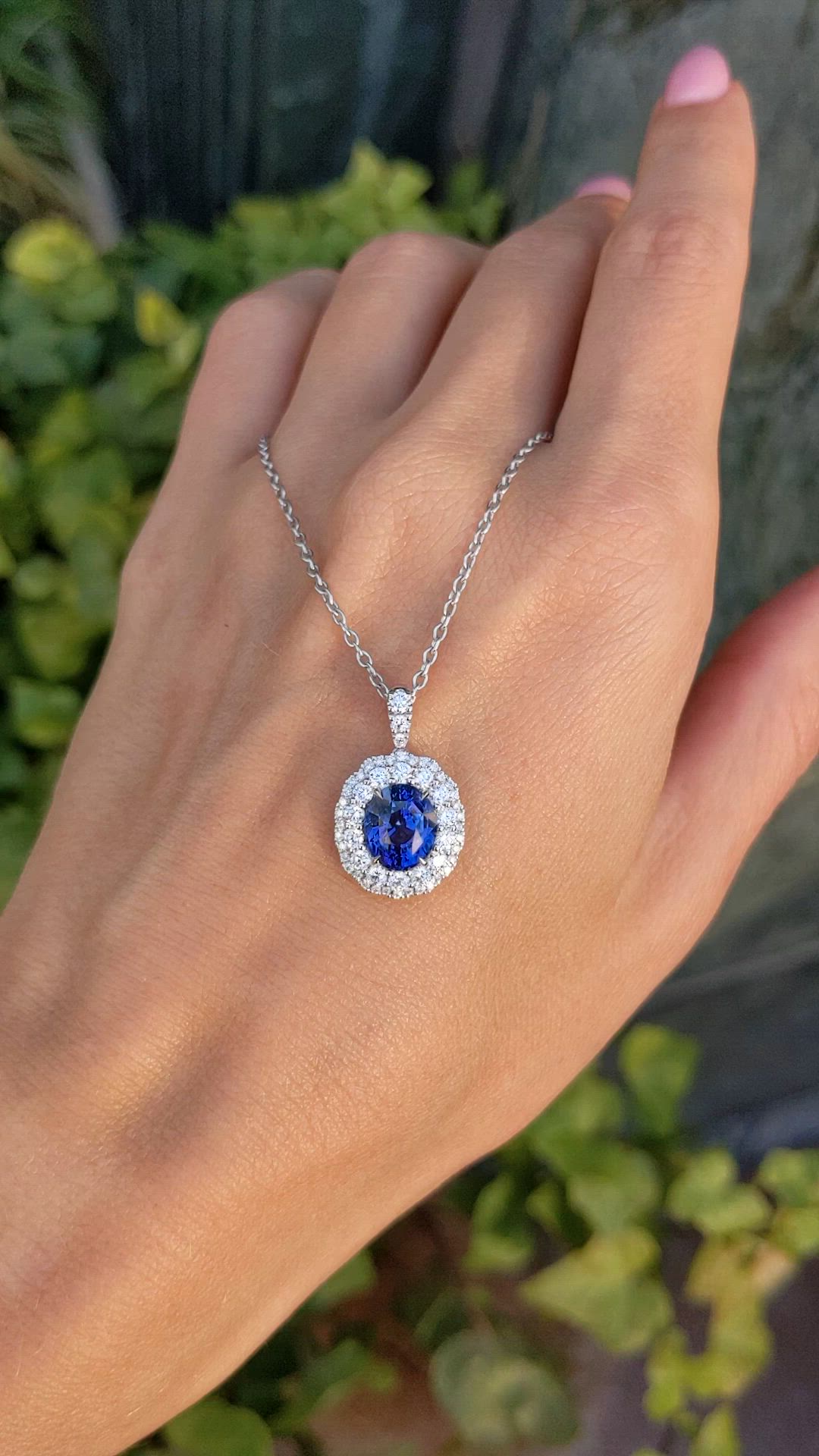 2.74 Ct. Blue Sapphire and Natural Diamond Pave Pendant, 18K White Gold Size Video