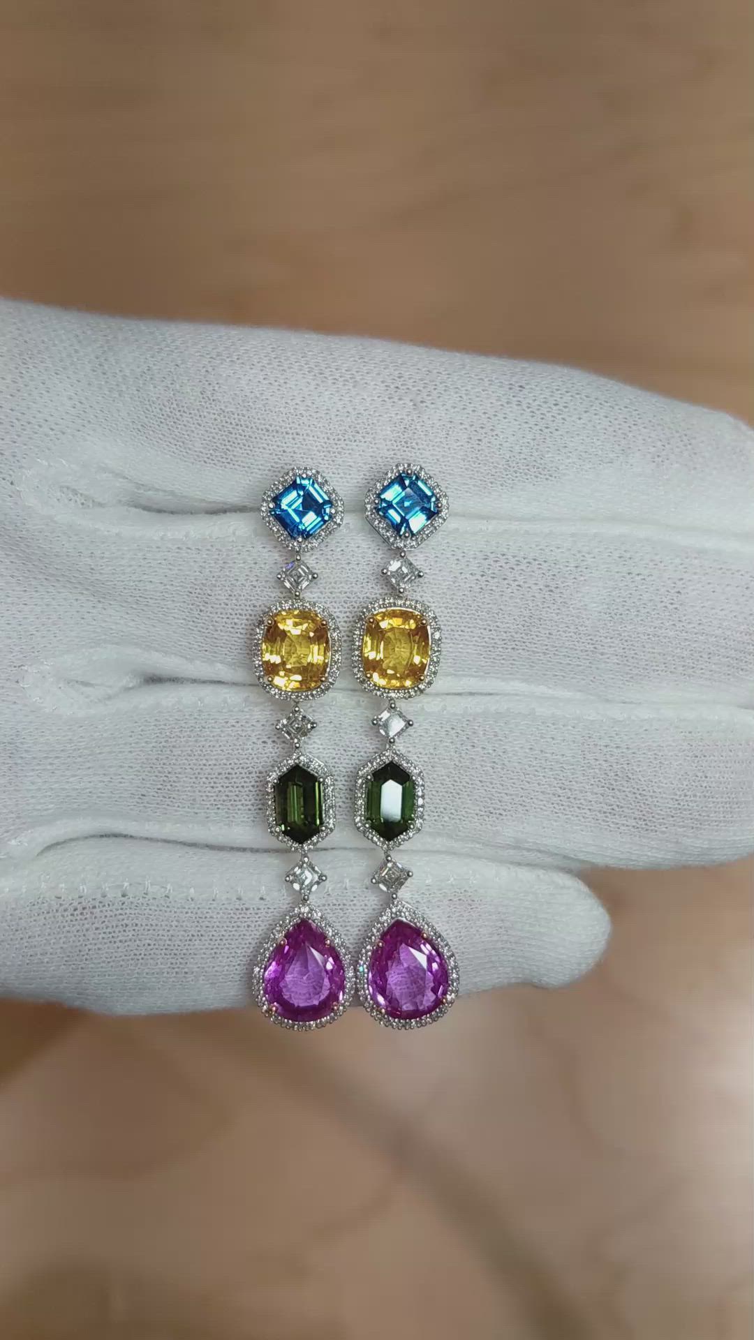 4.03 Ct.Tw. Mixed Sapphire and Natural Diamond Halo Earrings, 18K White Gold Size Video