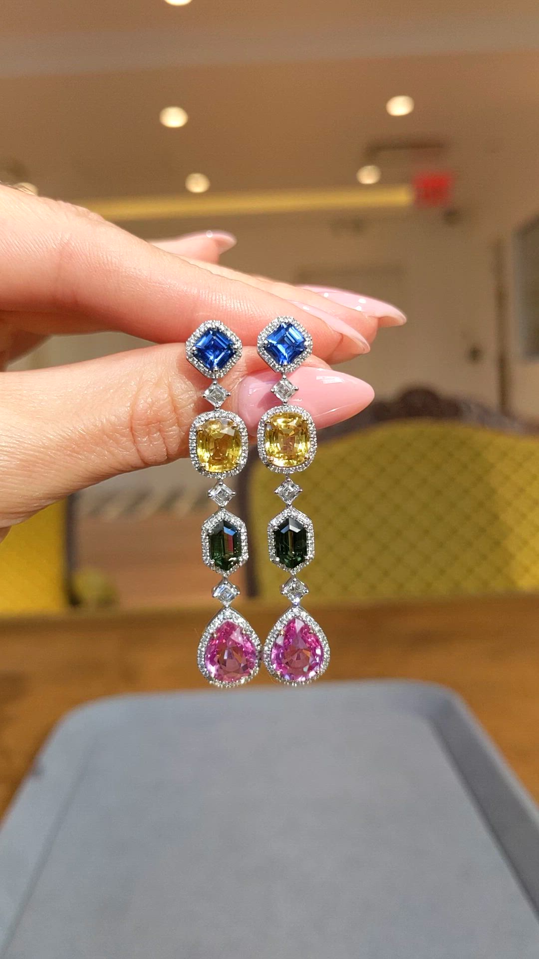 4.03 Ct.Tw. Mixed Sapphire and Natural Diamond Halo Earrings, 18K White Gold Size Video